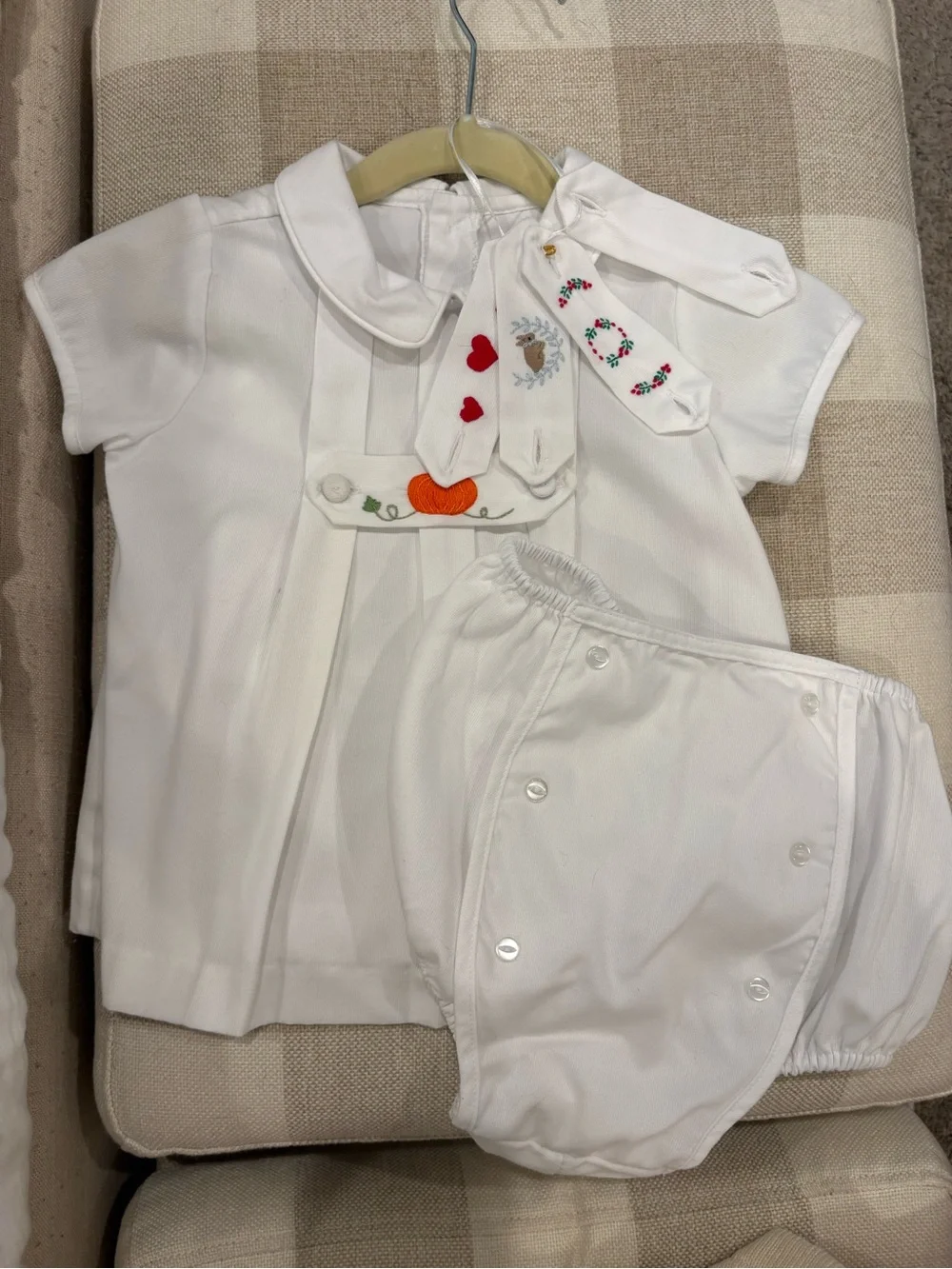 White Elephant Designs White Baby Set with Seasonal Button on Embroidery